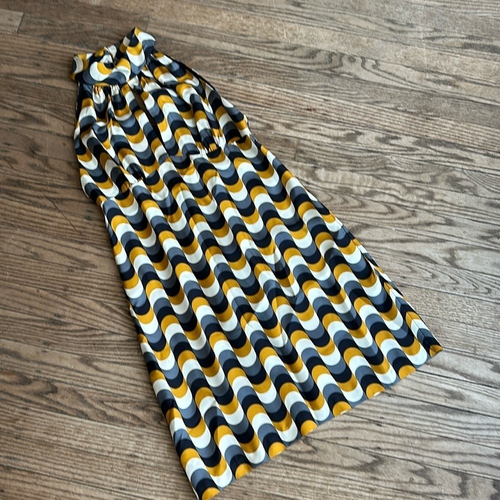 Milly NY retro geometric print silk halter dress mustard black gray size 4 EUC